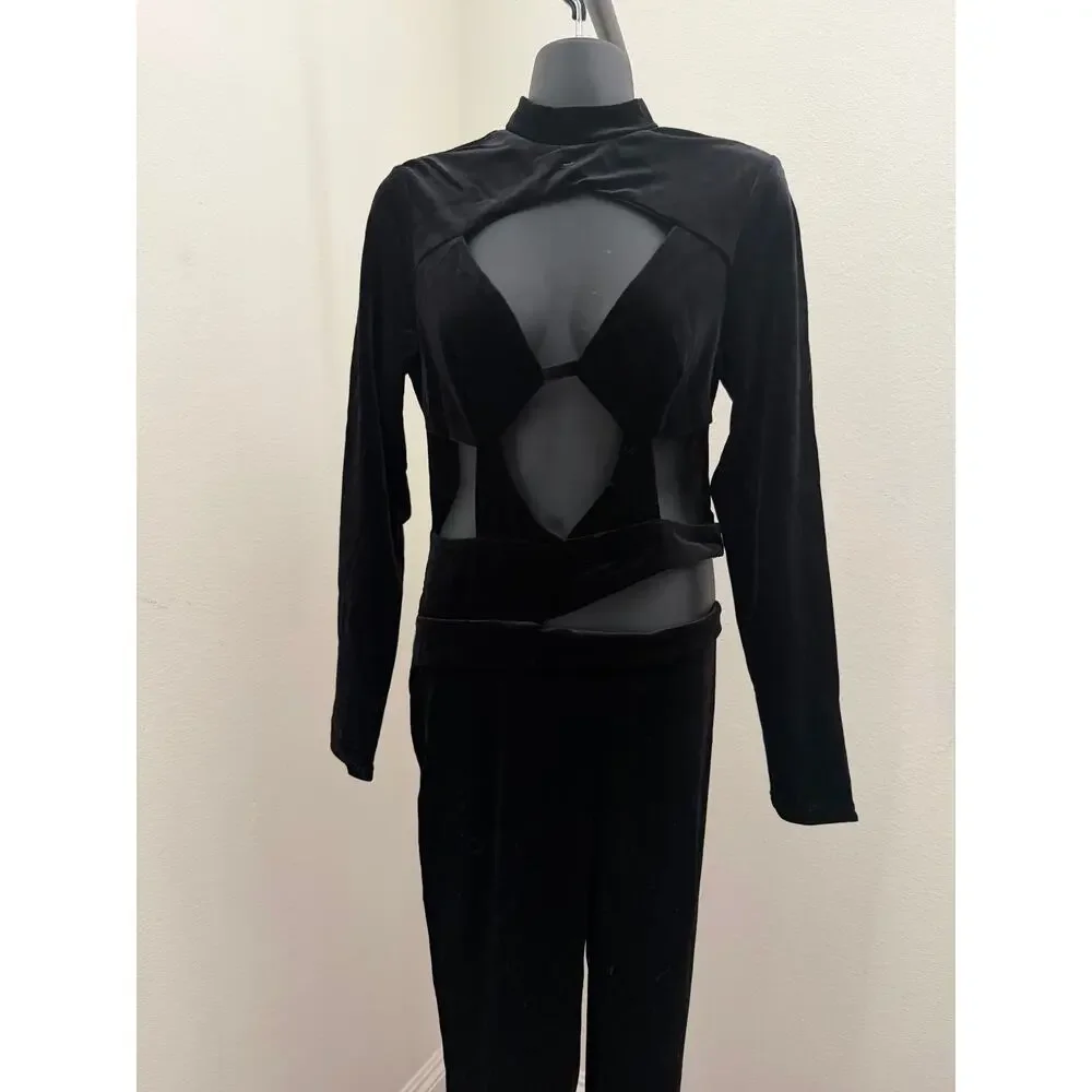 New the Cande shop black velvet cutout jumpsuit sz Large - Picture 5 of 8